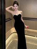 Elegant Mermaid Strapless Black Velvet Long Length Prom Dresses Birthday Outfits HZ1024