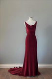 Vintage Sheath Straps Burgundy Velvet Long Ruffles Prom Dresses Birthday Outfits HZ1024