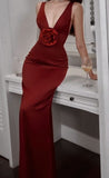 Vintage Sheath V Neckline Red Satin Long Prom Dresses Birthday Outfits With Flower HZ1024