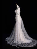 Elegant Mermaid Off The Shoulder Sequin Pearls Long White Wedding Dresses HZ1024