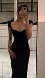 Simple Floor Length Black Prom Dresses Evening Dress With Cap Sleeves HZ1024