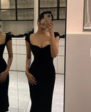 Simple Floor Length Black Prom Dresses Evening Dress With Cap Sleeves HZ1024