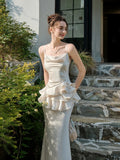 Elegant Mermaid Spaghetti Straps White Ruffles Prom Dresses Party Dresses HZ1024