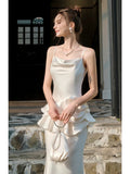 Elegant Mermaid Spaghetti Straps White Ruffles Prom Dresses Party Dresses HZ1024