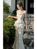 Elegant Mermaid Spaghetti Straps White Ruffles Prom Dresses Party Dresses HZ1024