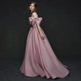 Elegant A line Off The Shoulder Satin Pink Evening Dress Long Prom Dresses HZ1024
