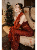 Elegant Mermaid Spaghetti Straps Burgundy Sequin Ruffles Prom Dresses Party Dresses HZ1024
