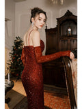 Elegant Mermaid Spaghetti Straps Burgundy Sequin Ruffles Prom Dresses Party Dresses HZ1024