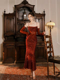 Elegant Mermaid Spaghetti Straps Burgundy Sequin Ruffles Prom Dresses Party Dresses HZ1024