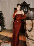 Elegant Mermaid Spaghetti Straps Burgundy Sequin Ruffles Prom Dresses Party Dresses HZ1024
