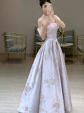 Elegant A line Off The Shoulder Satin Floral Evening Dress Long Prom Dresses HZ1024