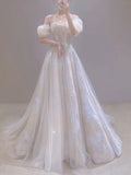 Vintage A line Straps White Tulle Long Wedding Dresses With Beads HZ1024