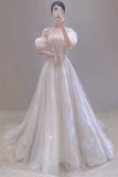 Vintage A line Straps White Tulle Long Wedding Dresses With Beads HZ1024