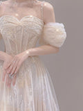 Vintage A line Straps White Tulle Long Wedding Dresses With Beads HZ1024