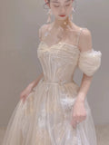 Vintage A line Straps White Tulle Long Wedding Dresses With Beads HZ1024