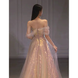 Elegant A line Off The Shoulder Sequin Pink Evening Dress Long Prom Dresses HZ1024