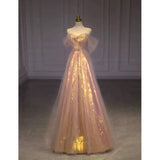 Elegant A line Off The Shoulder Sequin Pink Evening Dress Long Prom Dresses HZ1024