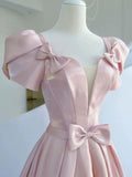 Elegant A line Square Neckline Satin Short Sleeves Pink Evening Dress Long Prom Dresses HZ1024
