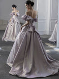 Elegant Ball Gown Off The Shoulder Lilac Short Sleeves Evening Dress Long Prom Dresses HZ1024