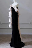 Elegant Mermaid Strapless Black Velvet Flowers Ruffles Prom Dresses Party Dresses HZ1024