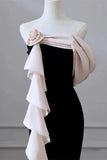 Elegant Mermaid Strapless Black Velvet Flowers Ruffles Prom Dresses Party Dresses HZ1024