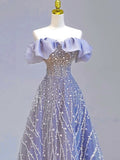 Elegant Ball Gown Off The Shoulder Lilac Short Sleeves Sequin Evening Dress Long Prom Dresses HZ1024
