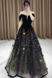 Elegant Ball Gown Off The Shoulder Black Short Sleeves Sequin Evening Dress Long Prom Dresses HZ1024