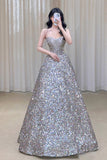 Gorgeous Ball Gown Straps Sequin Silver Long Evening Dress Prom Dresses Birthday Outfits HZ1024