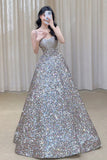 Gorgeous Ball Gown Straps Sequin Silver Long Evening Dress Prom Dresses Birthday Outfits HZ1024