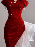 Gorgeous Sheath Off The Shoulder Sequin Red Evening Dress Prom Dresses Birthday Outfits HZ1024