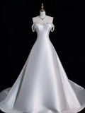 Elegant A line Off The Shoulder Satin Pearls Long White Wedding Dresses HZ1024