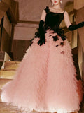 Pretty Ball Gown Straps Tulle Layers Long Pink Ruffles Prom Dresses Sweet 16 Dresses HZ1024