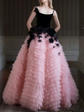 Pretty Ball Gown Straps Tulle Layers Long Pink Ruffles Prom Dresses Sweet 16 Dresses HZ1024