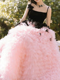 Pretty Ball Gown Straps Tulle Layers Long Pink Ruffles Prom Dresses Sweet 16 Dresses HZ1024
