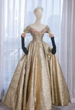 Pretty Ball Gown Off The Shoulder Gold Satin Long Ruffles Prom Dresses Sweet 16 Dresses HZ1024