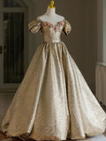 Pretty Ball Gown Off The Shoulder Gold Satin Long Ruffles Prom Dresses Sweet 16 Dresses HZ1024