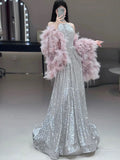 Gorgeous A Line High Neckline Silver Sequin Long Evening Dress Prom Dresses Birthday Outfits HZ1024