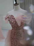 Gorgeous Sheath Off The Shoulder Pink Sequin Long Evening Dress Prom Dresses Birthday Outfits HZ1024