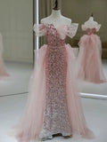 Gorgeous Sheath Off The Shoulder Pink Sequin Long Evening Dress Prom Dresses Birthday Outfits HZ1024