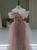 Gorgeous Sheath Off The Shoulder Pink Sequin Long Evening Dress Prom Dresses Birthday Outfits HZ1024