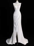 Chic Sheath Square Neckline Sleeveless White Satin Slit Wedding Dresses With Ruffles HZ1024
