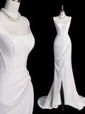 Chic Sheath Square Neckline Sleeveless White Satin Slit Wedding Dresses With Ruffles HZ1024