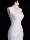 Chic Sheath Square Neckline Sleeveless White Satin Slit Wedding Dresses With Ruffles HZ1024