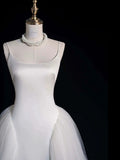 Chic Sheath Spaghetti Straps Sleeveless White Satin Wedding Dresses With Ruffles HZ1024