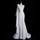 Chic Mermaid One Shoulder Sleeveless Ivory Chiffon Wedding Dresses With Flowers HZ1024