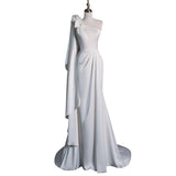 Chic Mermaid One Shoulder Sleeveless Ivory Chiffon Wedding Dresses With Flowers HZ1024