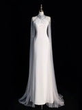 Chic Sheath High Neckline Sleeveless White Tulle Long Wedding Dresses With Beads HZ1024