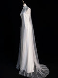 Chic Sheath High Neckline Sleeveless White Tulle Long Wedding Dresses With Beads HZ1024