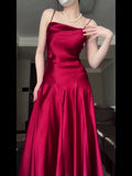 Pretty A Line Spaghetti Straps Red Satin Long Floor Length Prom Dresses HZ1024