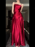 Pretty A Line Spaghetti Straps Red Satin Long Floor Length Prom Dresses HZ1024